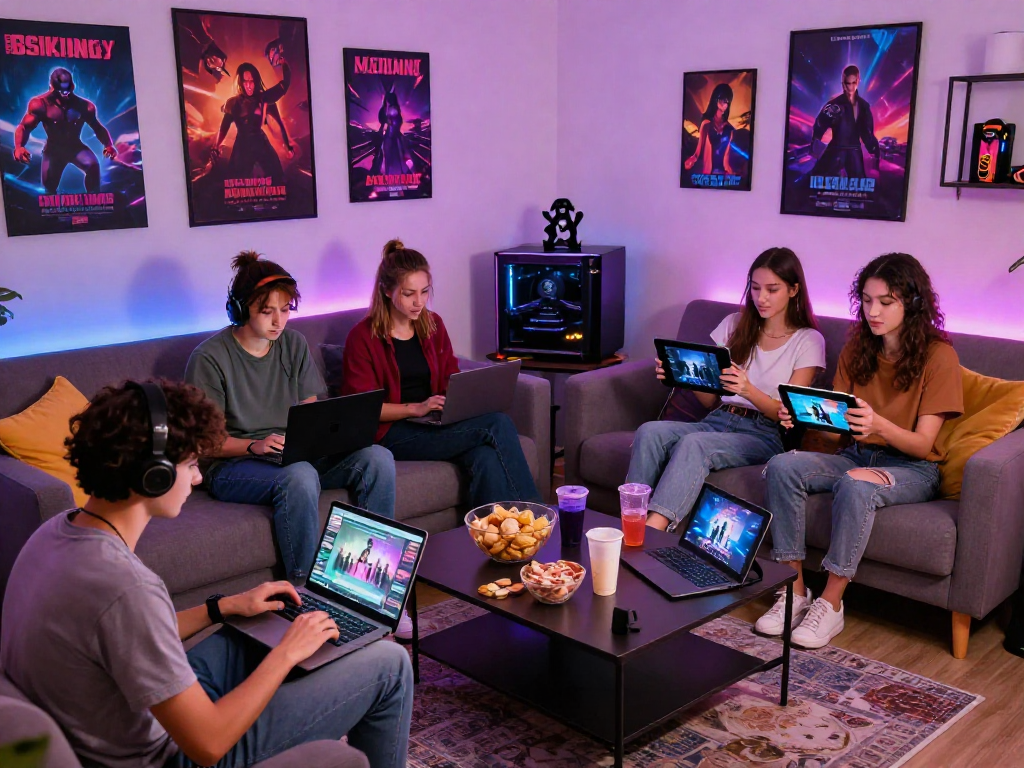 Social group enjoying sex games online in a lively living room setting with vibrant decor.