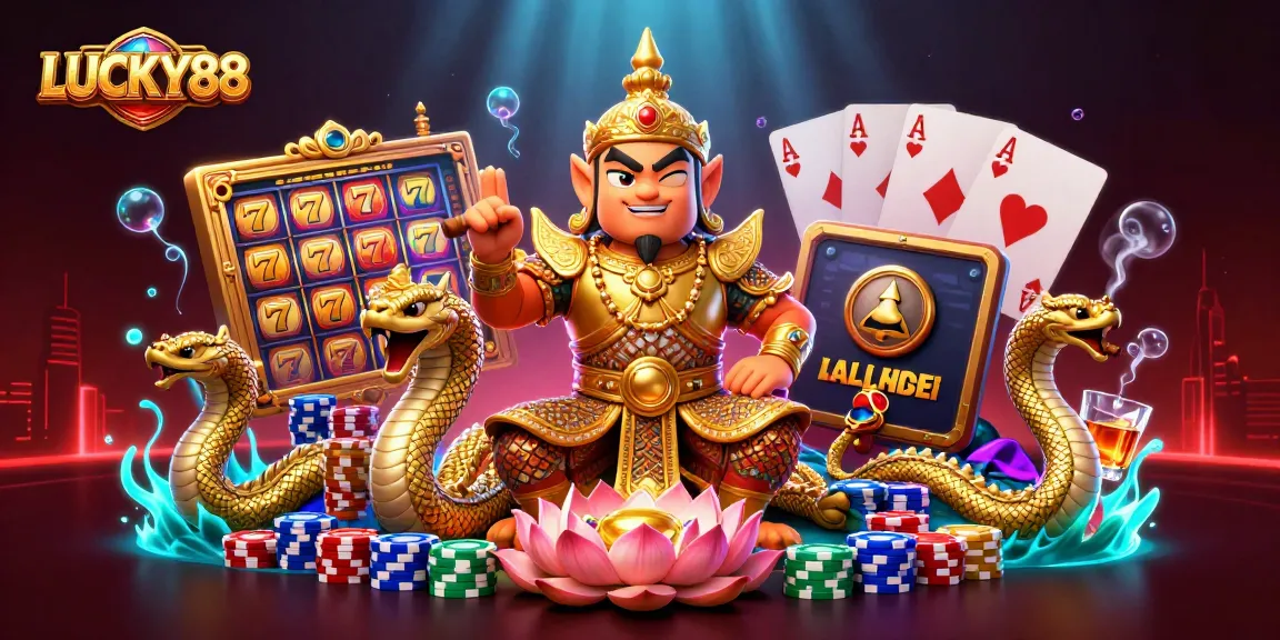 Spin the LUCKY88 slot reels alongside vibrant casino elements in this captivating illustration.