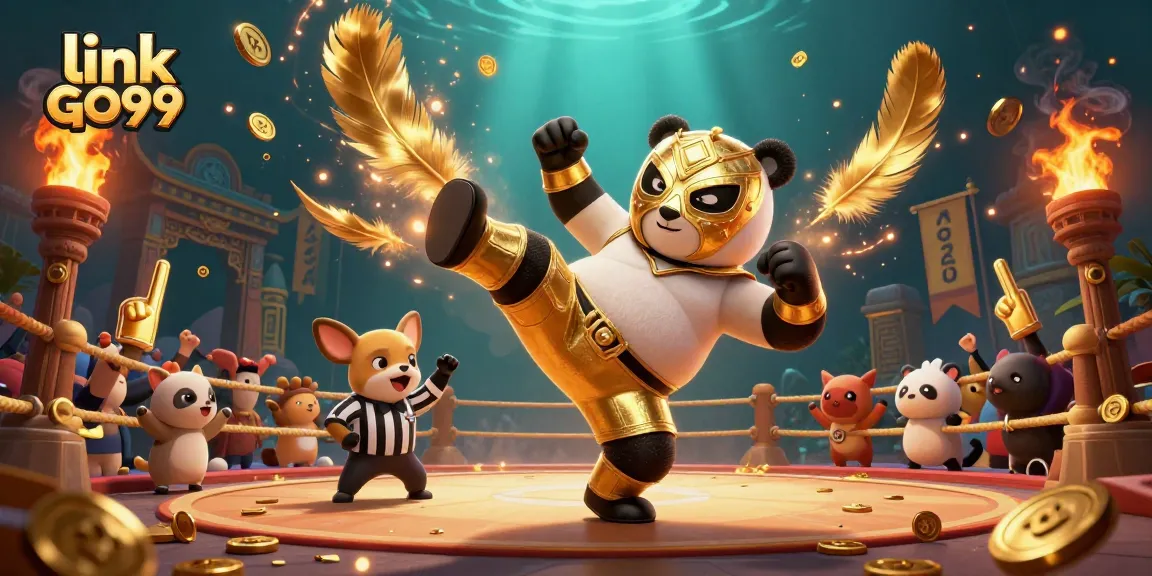 Experience thrilling action at link GO99 with a panda wrestler and vibrant casino ambiance.