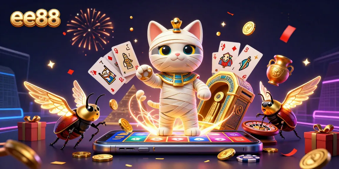 Experience exciting slots at ee88 with a mummy cat, glowing scarab, and vibrant casino elements.